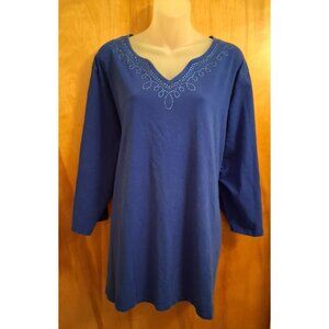 Liz and Me Catherines Blue Blouse Top rhinestone neck trim plus size 3X cotto